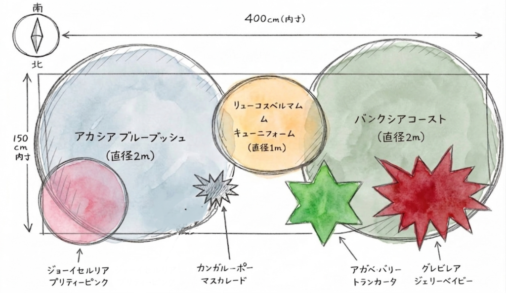 4mレイズドベッドのオージープランツ植栽レイアウト図(アカシアブルーブッシュ・バンクシアコースト・リューコスペルマムなど)
