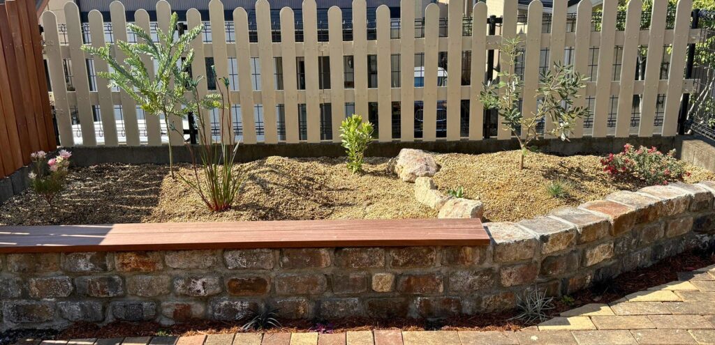 アカシアブルーブッシュを含むオージープランツを植えたレイズドベッド全体の様子