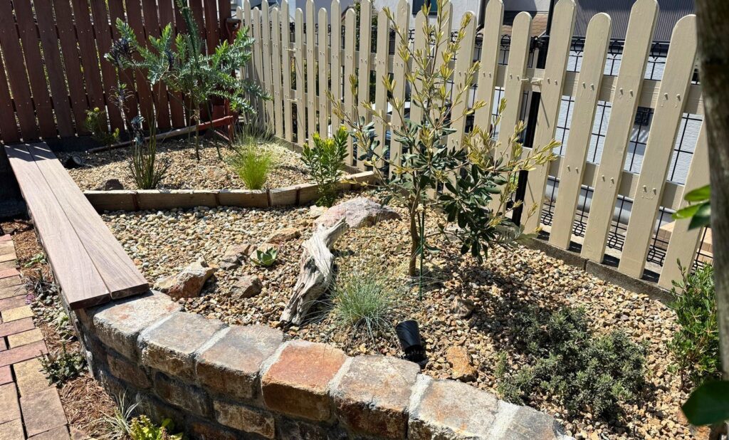 レイズドベッドに地植えしたオージープランツの庭